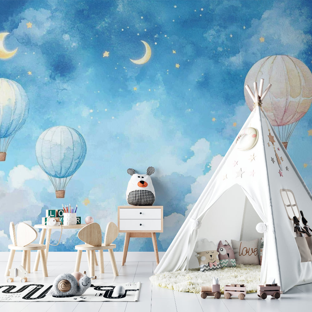 Dreamy hot air balloon mural creating atmosphere in a baby's room with gentle lighting