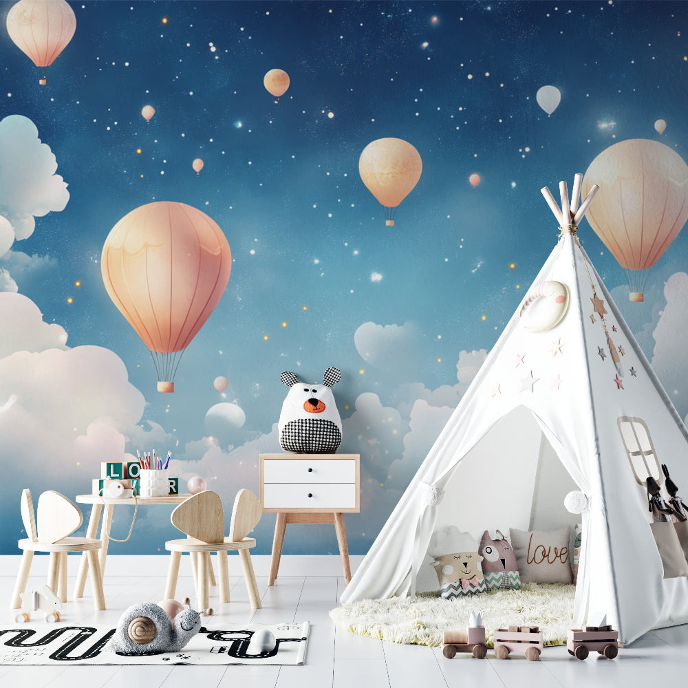 Hot air balloon wallpaper creating a magical atmosphere in a modern nursery with soft lighting