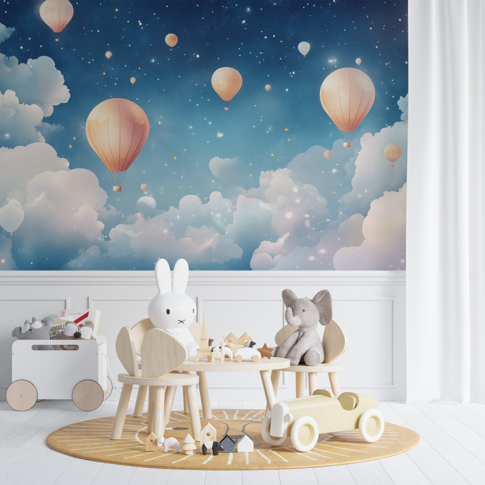 Night sky balloon mural transforming a child's bedroom with dreamy starlit scene