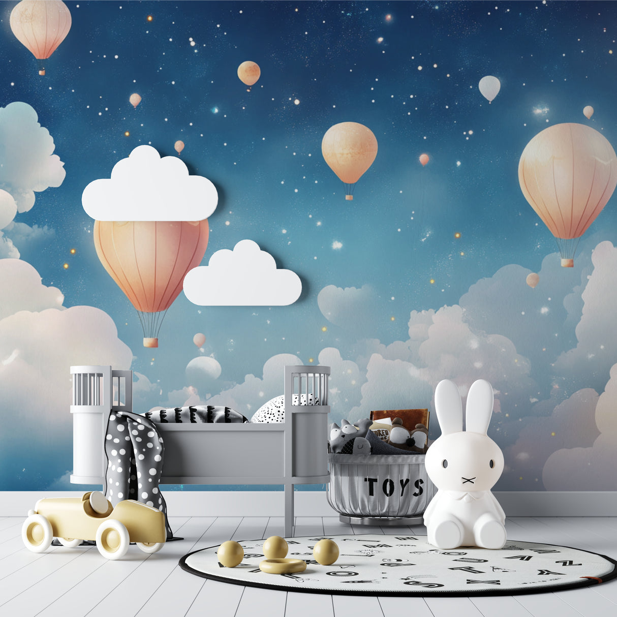 Balloon wallpaper bringing whimsy to a reading nook with cozy furniture