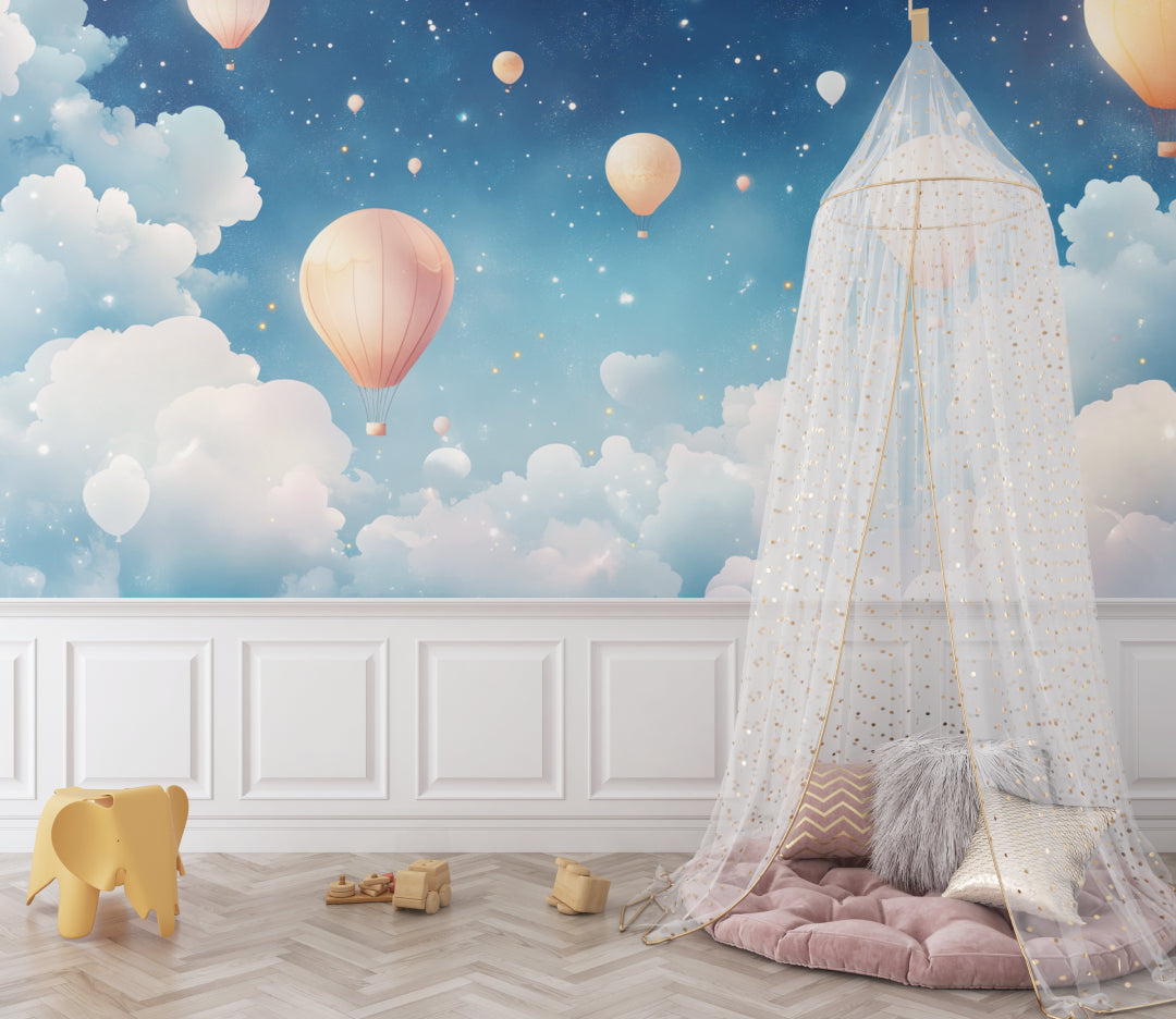 Hot air balloon mural creating depth in a playroom with natural lighting
