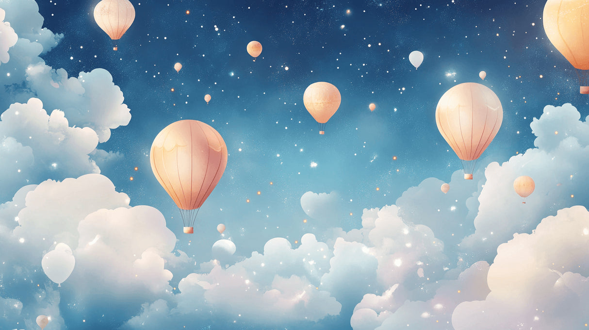 Design file showing detailed hot air balloon pattern with starry night sky background