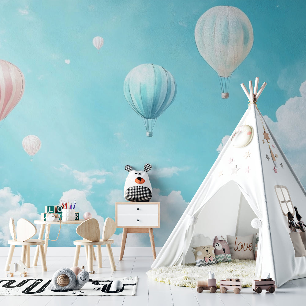 Kids bedroom featuring hot air balloon mural with reading nook and soft lighting