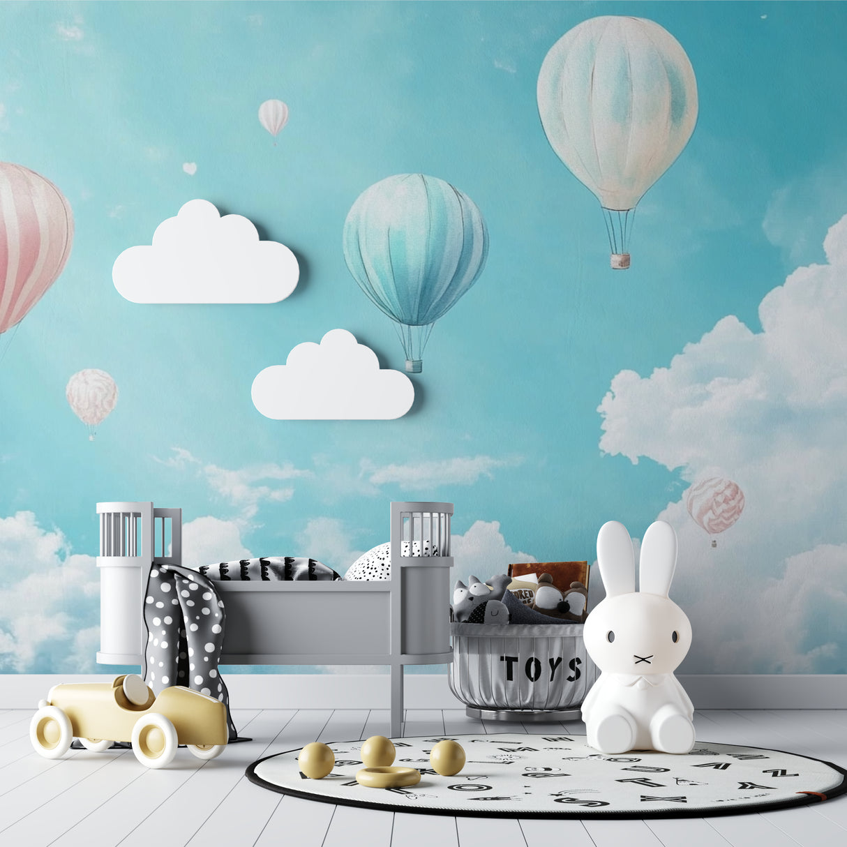 Playroom wall with pastel hot air balloon design creating depth and wonder