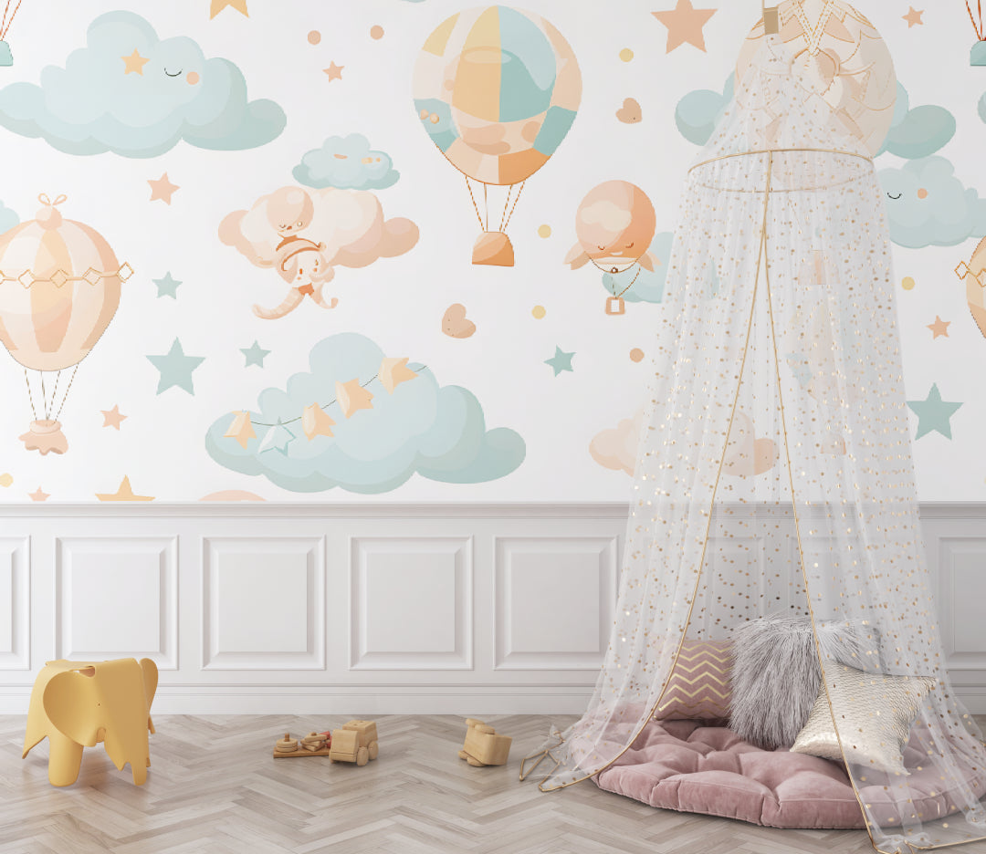 Balloon wallpaper design showcased in a bright playroom with modern furniture