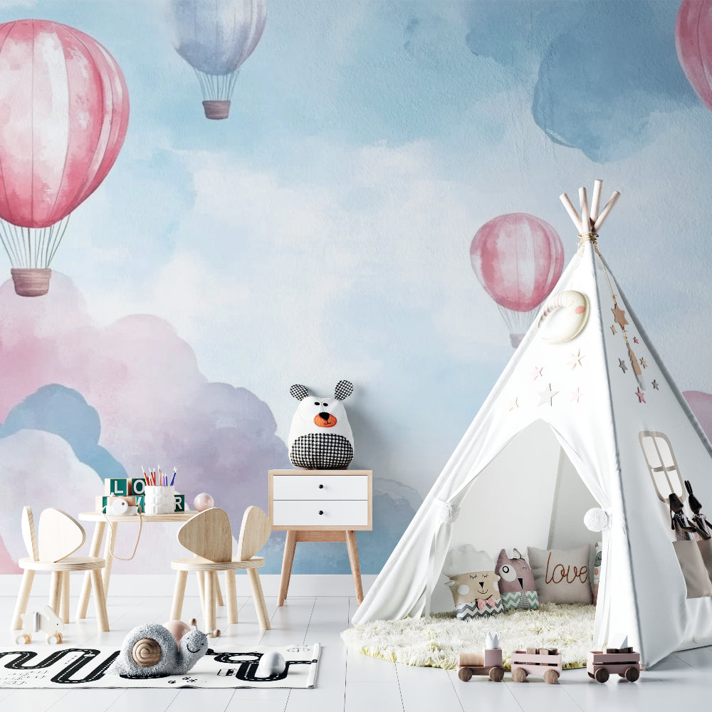 Balloon wall mural showcased in a playroom setting with gentle watercolor effects