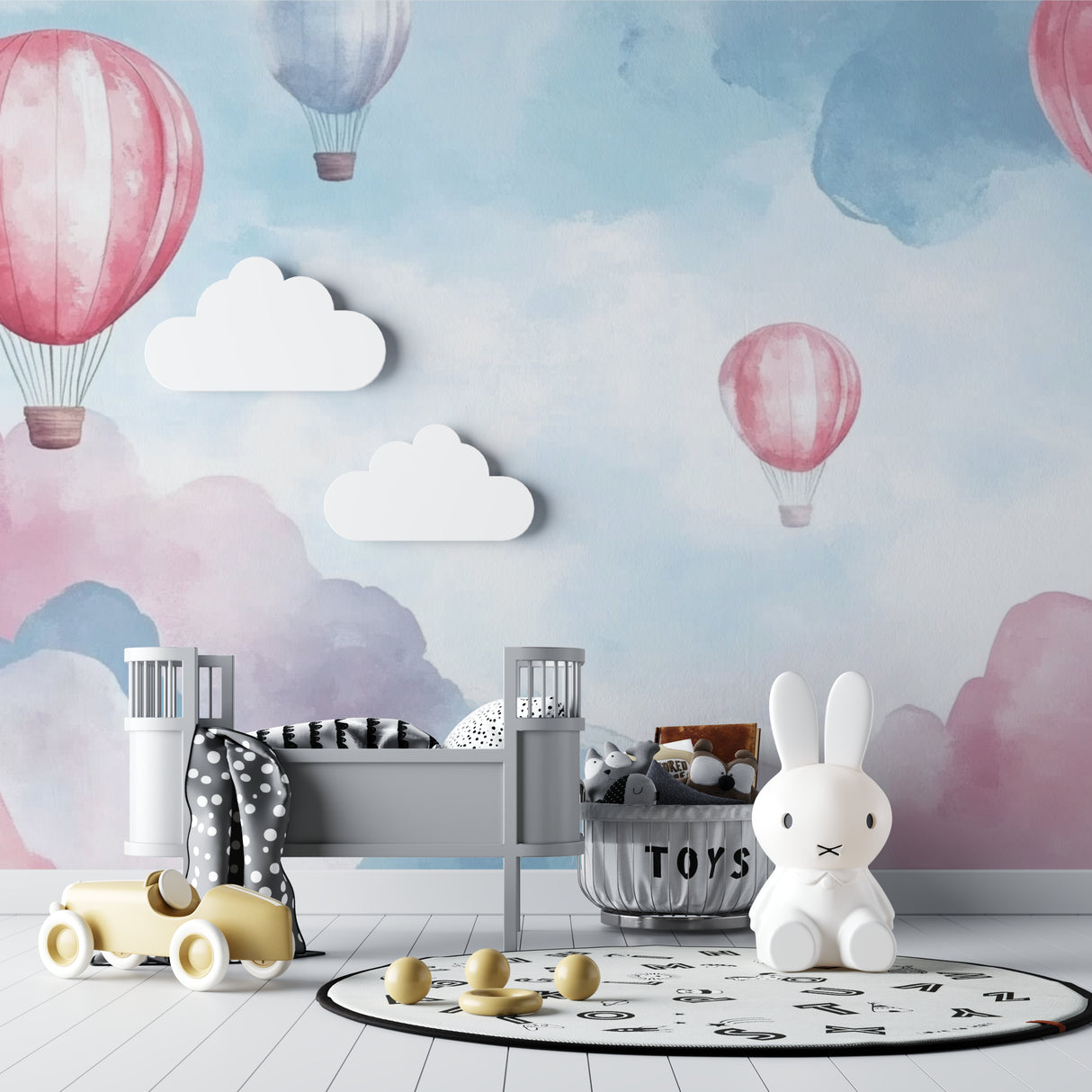 Dreamy hot air balloon design displayed in a reading nook with cozy furnishings