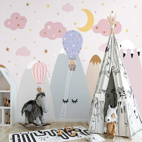 Hot air balloon nursery wallpaper design file showing detailed pattern of dreamy pink skies and floating balloons