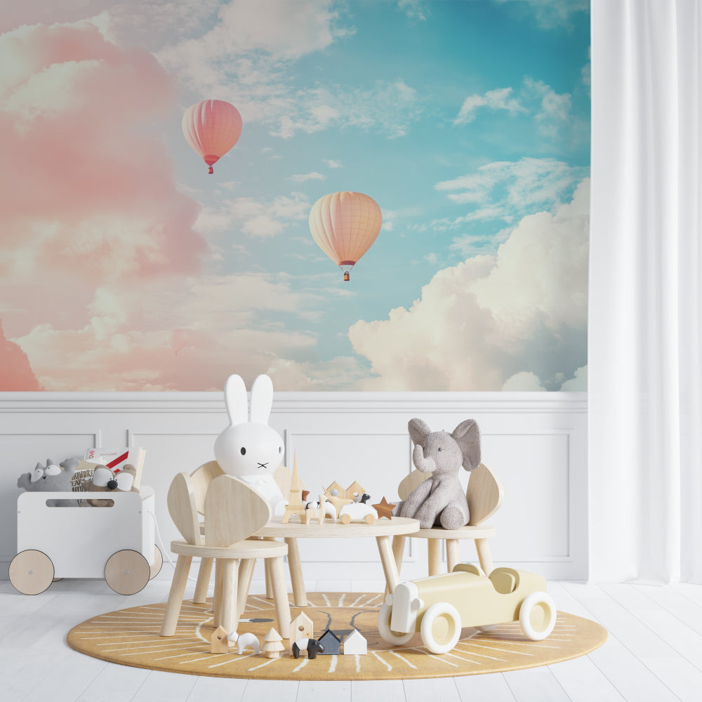 Kids bedroom featuring dreamy hot air balloon mural with reading nook