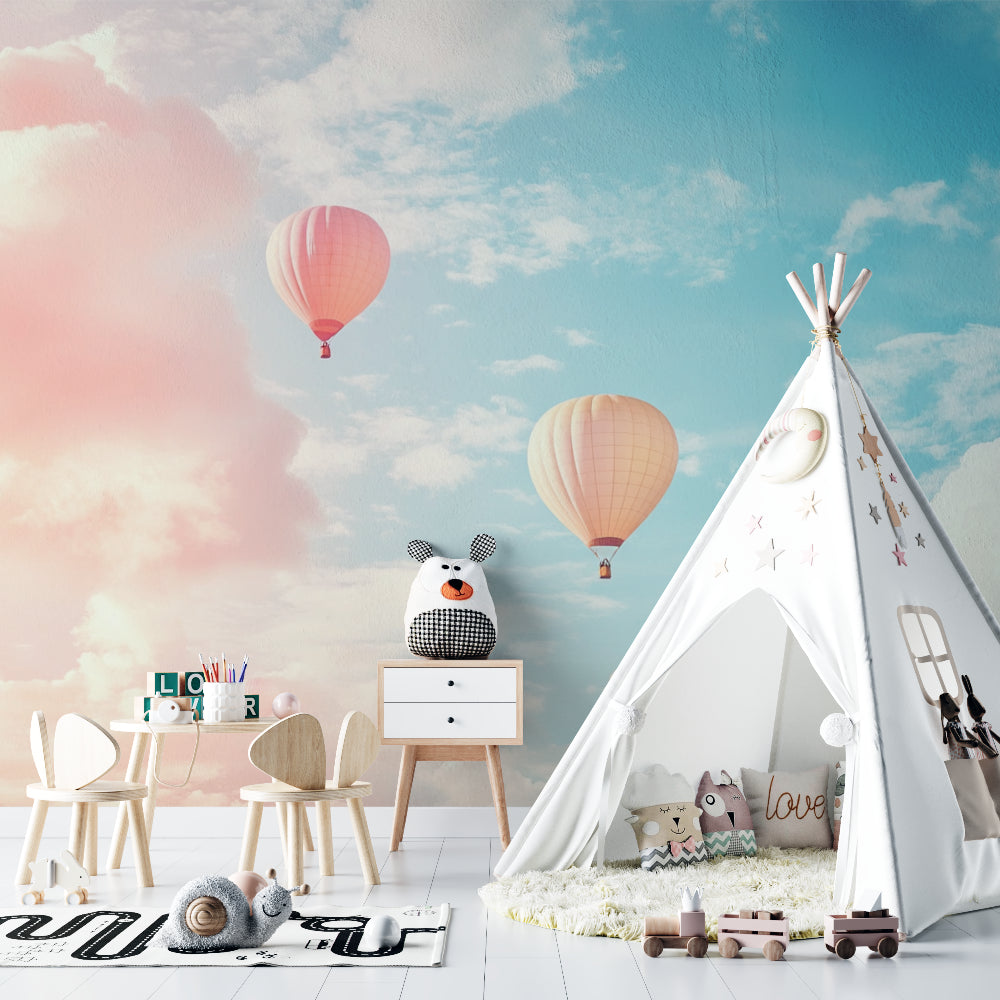 Playroom wall with pink cloud and hot air balloon wallpaper design