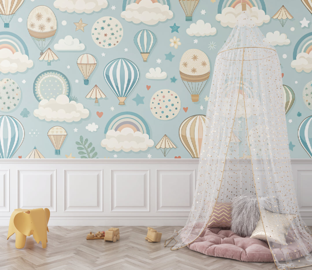 Kids bedroom featuring hot air balloon mural wallpaper with reading nook and playful decor