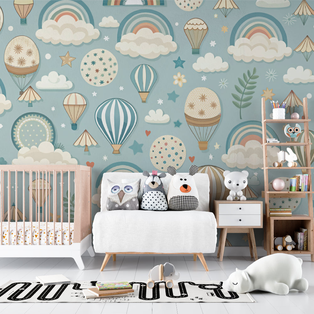 Playroom transformed with dreamy sky wallpaper showing floating hot air balloons and stars