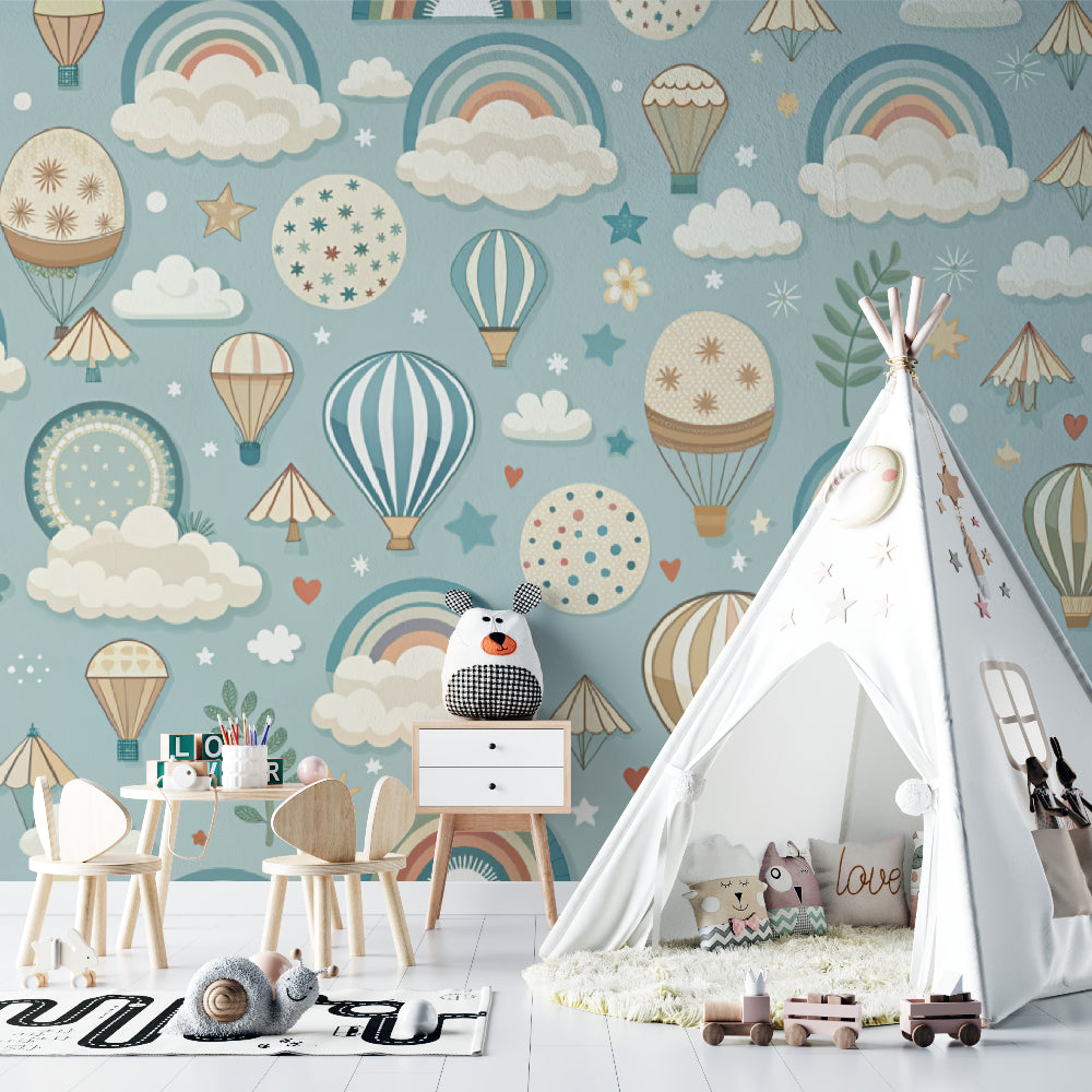 Baby room showcase with gentle hot air balloon wall mural creating peaceful atmosphere