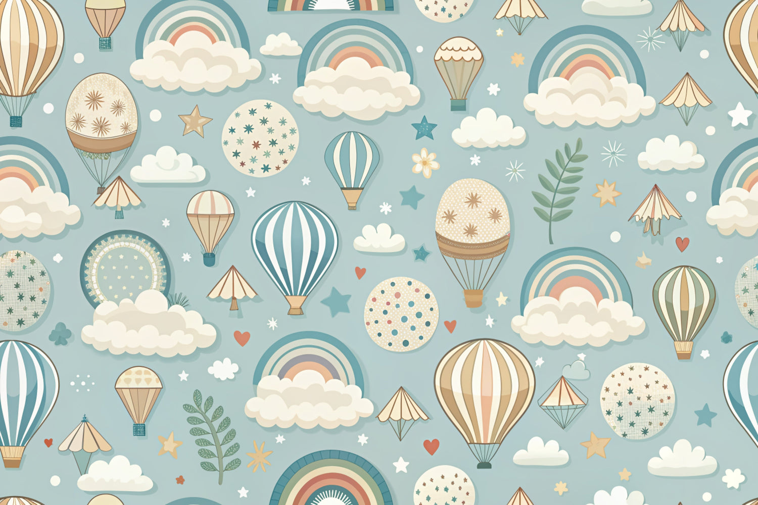 Hot air balloon wallpaper design file showing full pattern with rainbows, stars, and floating balloons