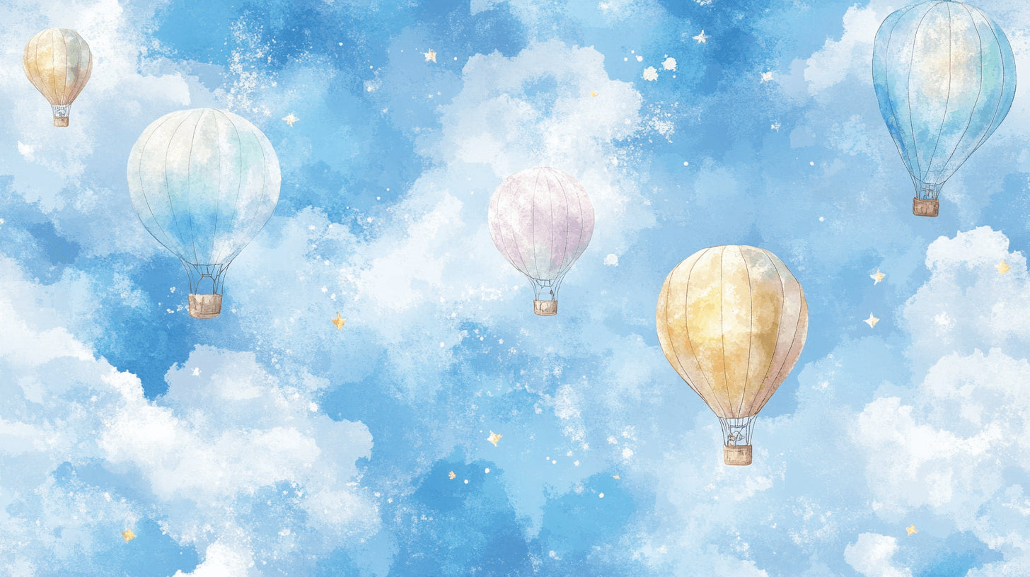 Hot air balloon wallpaper design file showing watercolor balloons and silver star pattern
