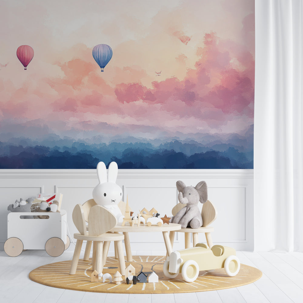 Hot air balloon wallpaper creating a magical atmosphere in a bright nursery with soft pink accents