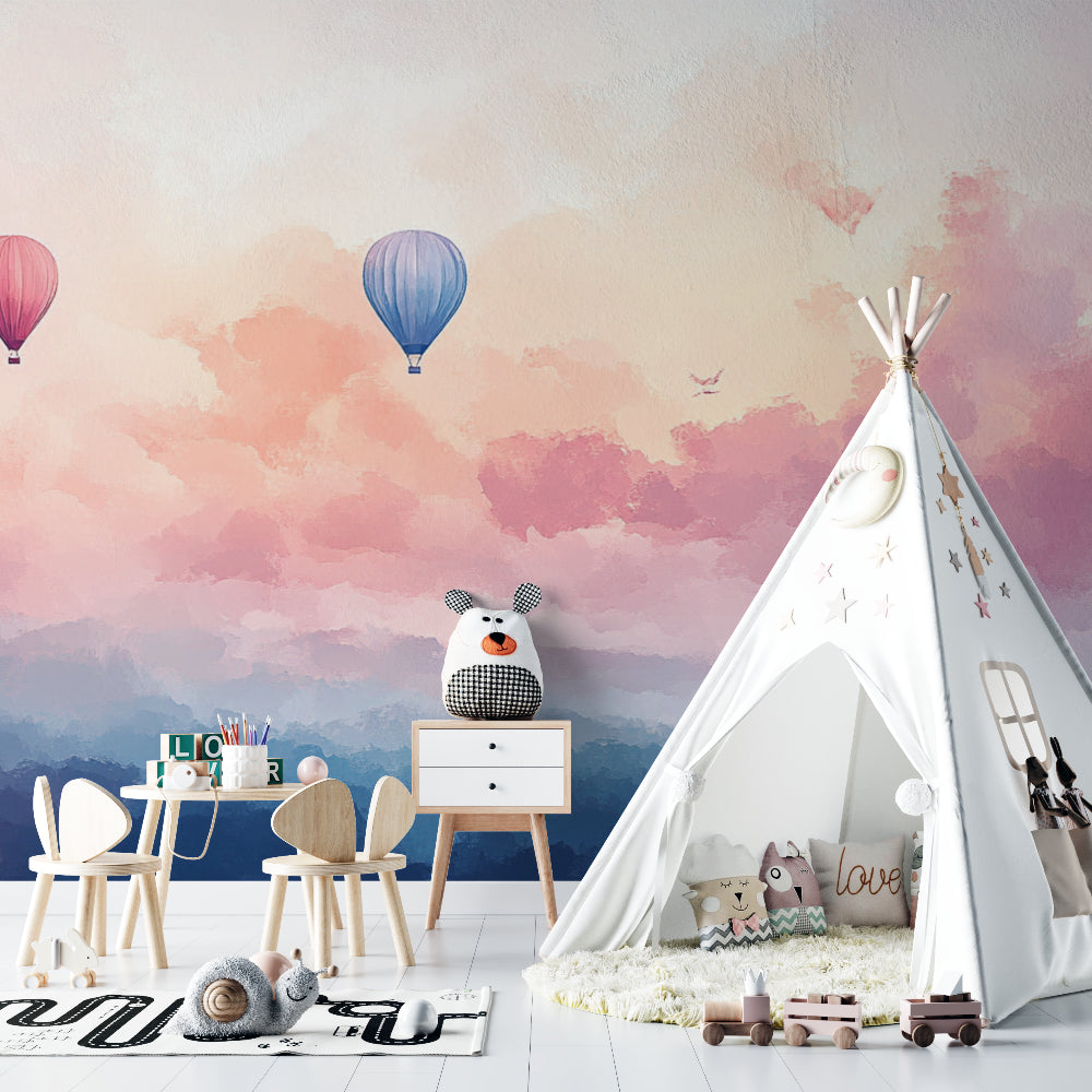 Dreamy balloon mural installation in a modern living room with natural light