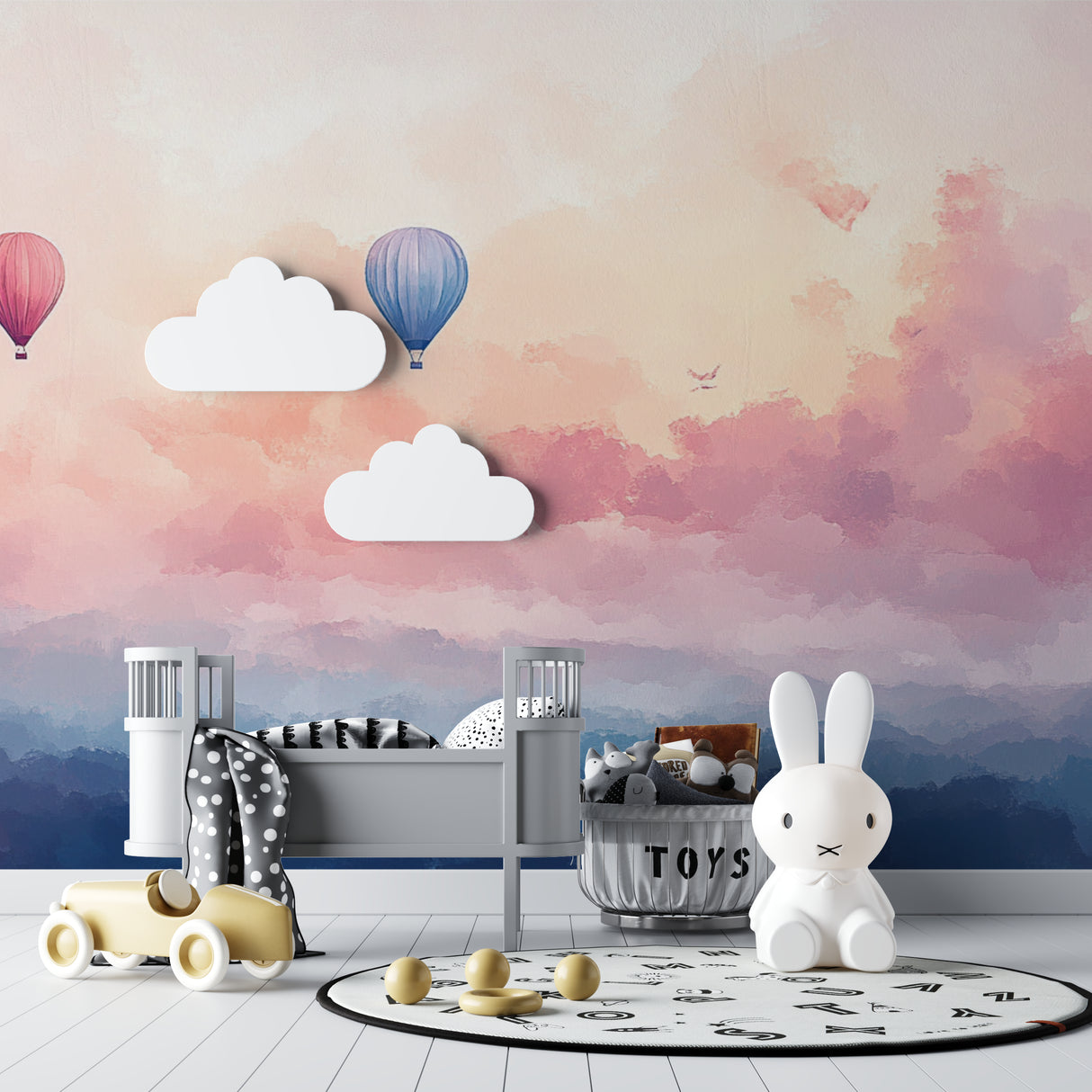 Sky wallpaper featuring hot air balloons in a cozy reading nook