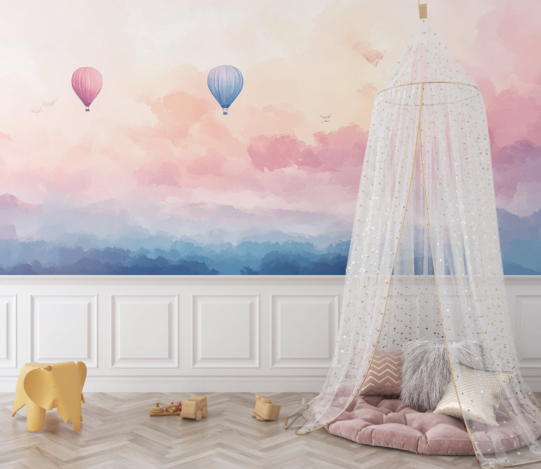 Sunset balloon wallpaper transforming a child's bedroom into a dreamy space