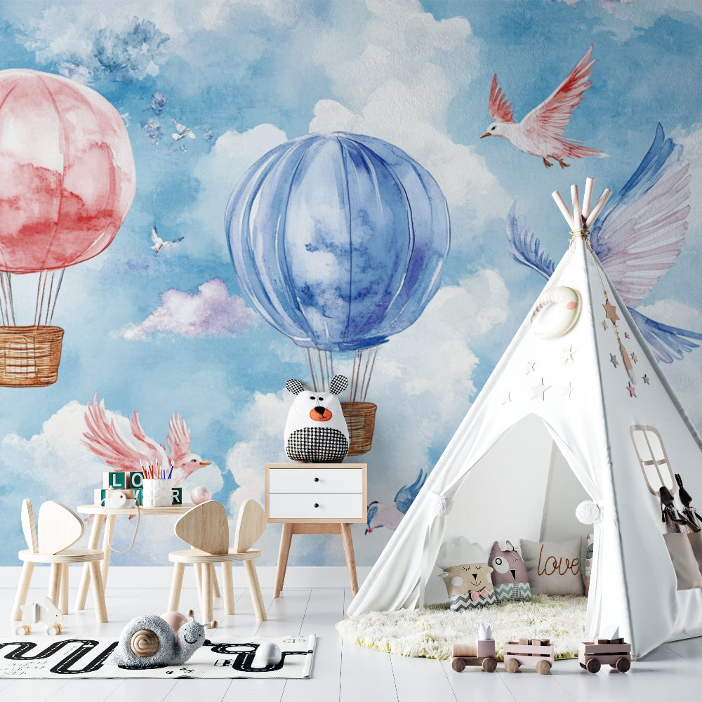 Hot air balloon wallpaper creating a magical atmosphere in a bright nursery with white furniture