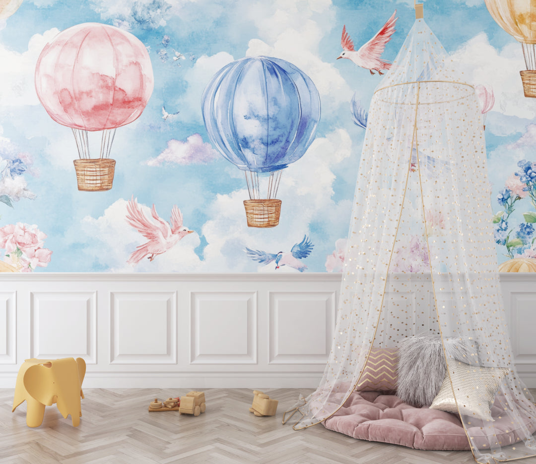 Dreamy balloon mural wallpaper bringing color to a modern children's playroom