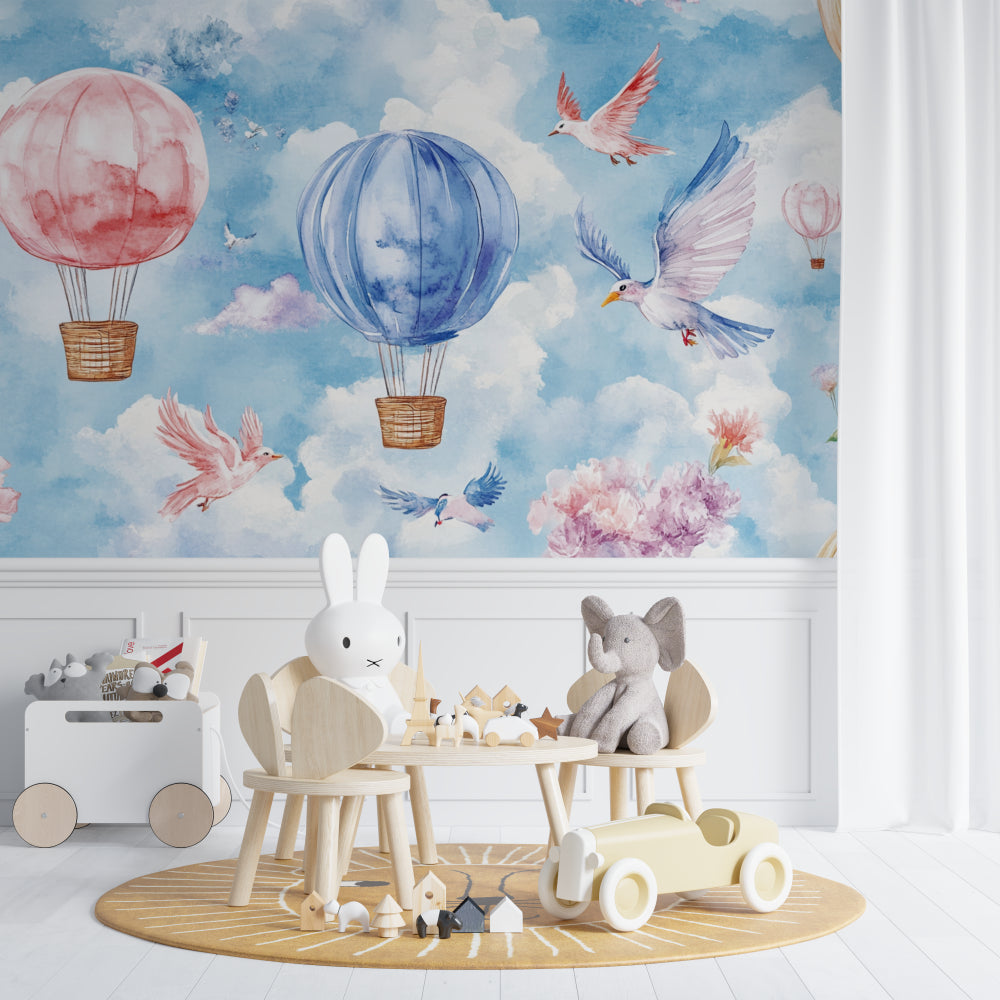 Watercolor hot air balloon wall design transforming a cozy reading nook