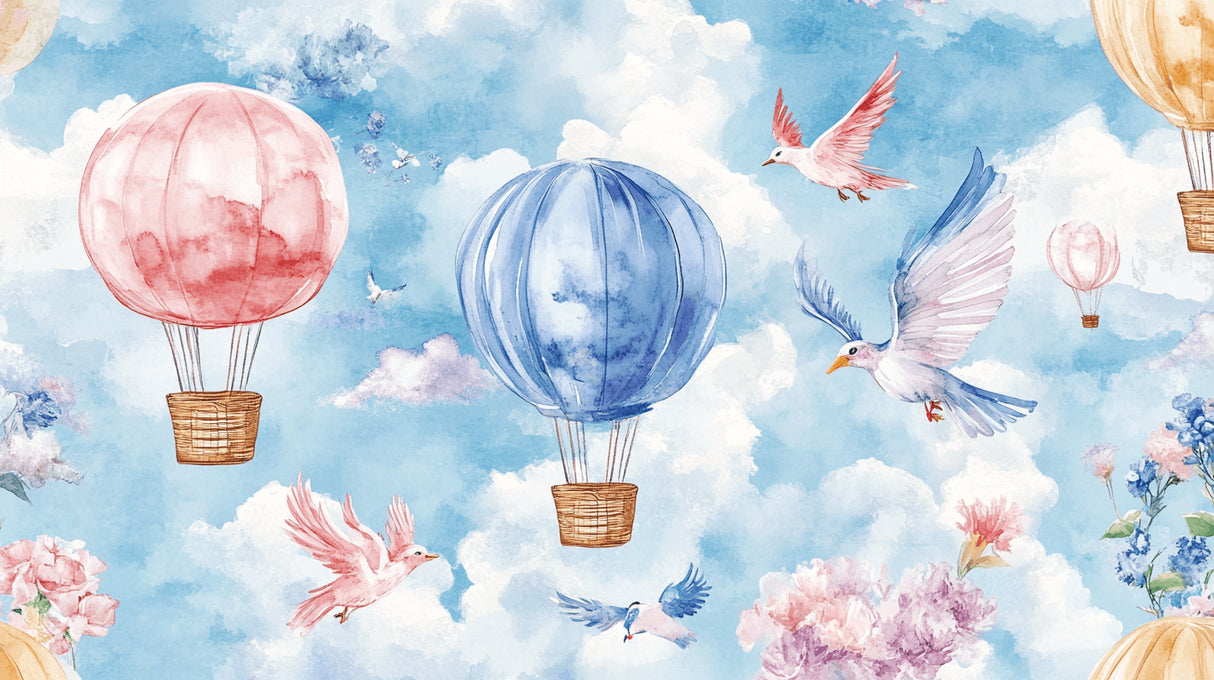 Hot air balloon wallpaper design file showing detailed watercolor pattern and floating balloons