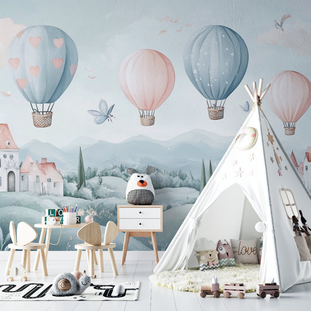Hot air balloon mural wallpaper bringing charm to a playroom with natural light and colorful toys