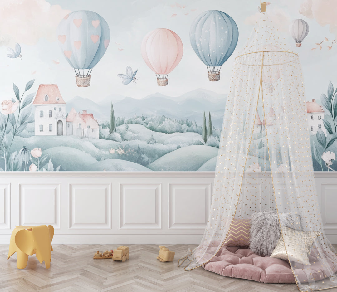 Whimsical hot air balloon wall mural adding depth to a reading nook with cozy seating