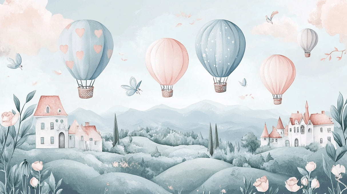 Hot air balloon design file showing detailed fairytale landscape with pink and blue balloons floating over misty hills