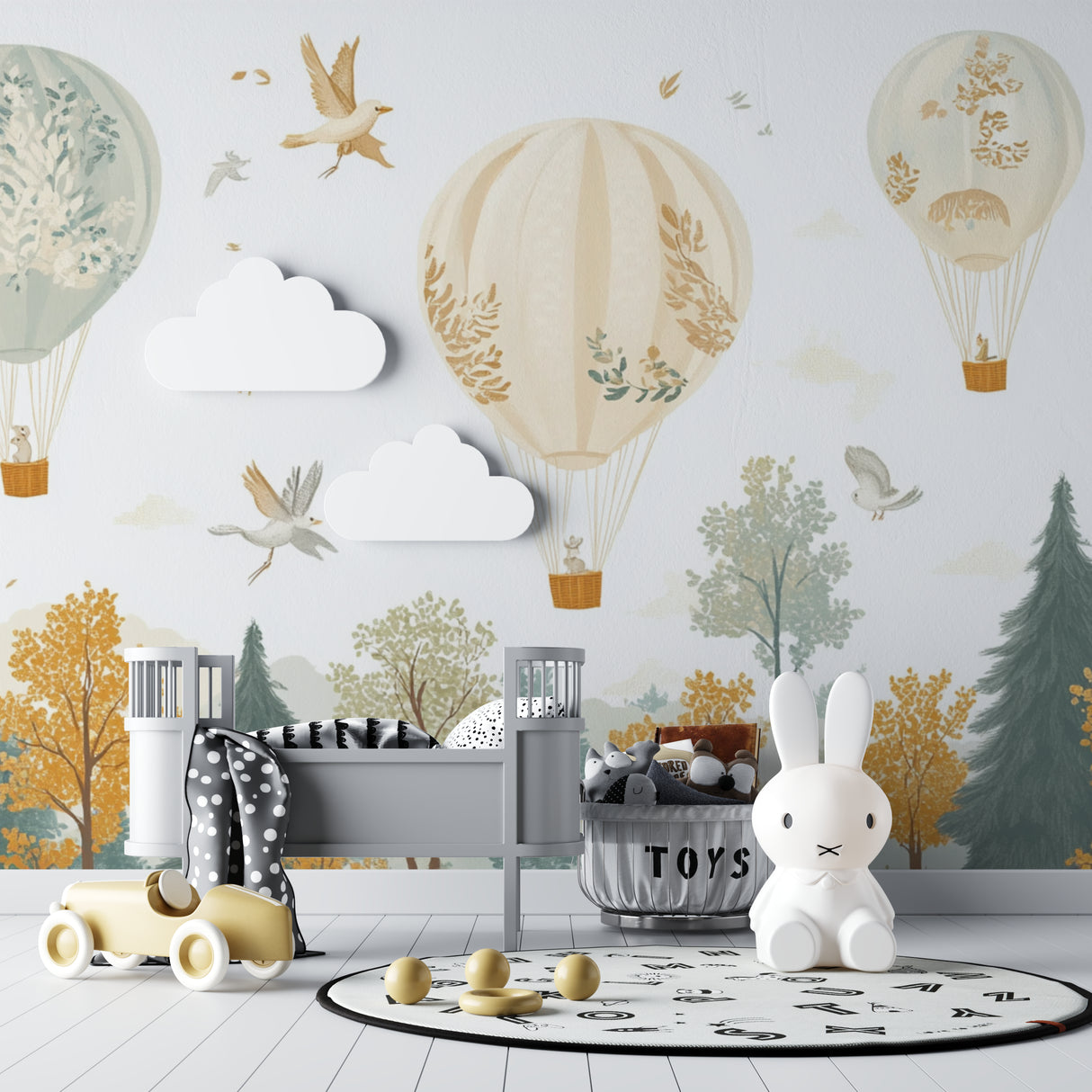 Hot air balloon wallpaper creating a magical atmosphere in a bright nursery with natural light