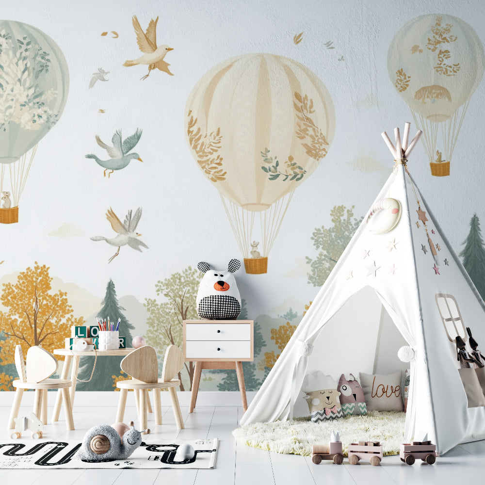 Forest adventure hot air balloon mural transforming a child's bedroom into a dreamy wonderland