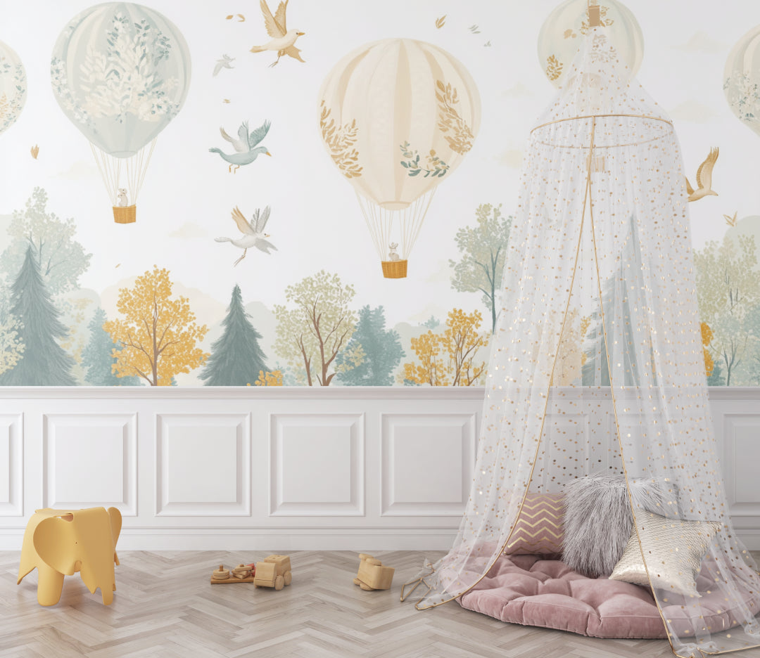 Hot air balloon wall mural bringing whimsy to a modern playroom space