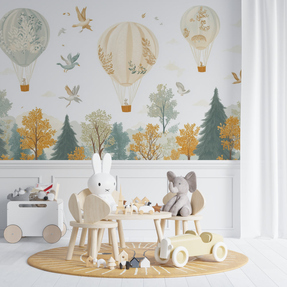 Nature-inspired hot air balloon wallpaper featured in a cozy reading nook