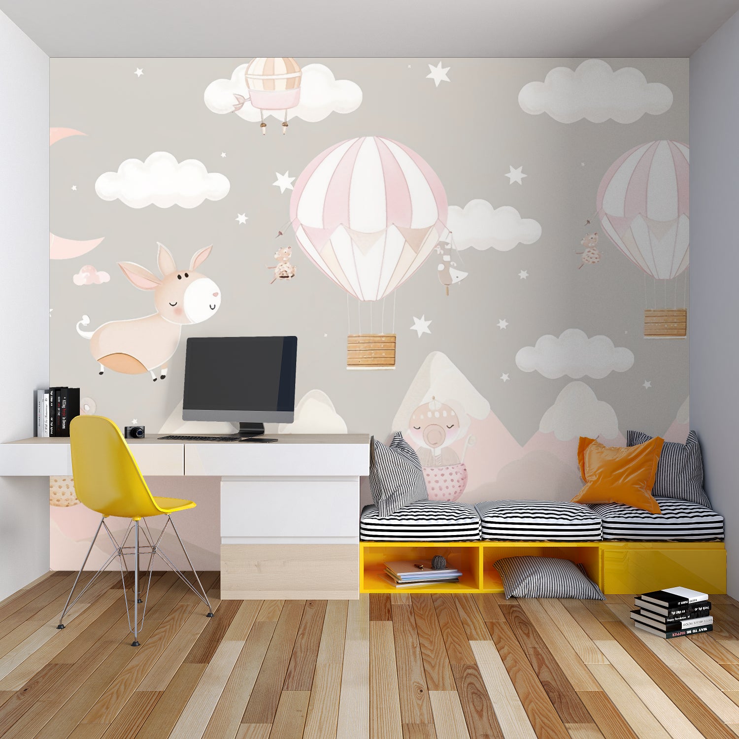 Pastel pink balloon wallpaper bringing soft color to girl's bedroom