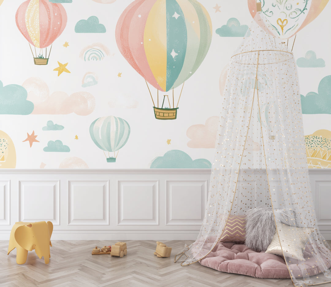 Pastel balloon mural creating a dreamy atmosphere in a child's playroom