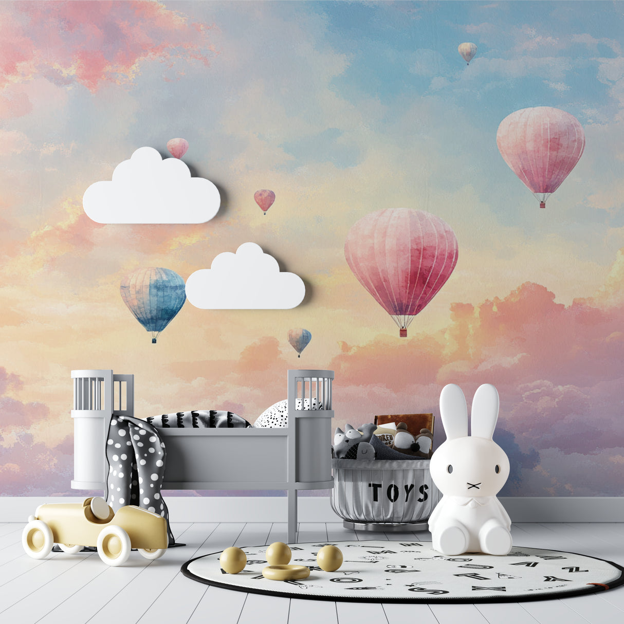 Kids bedroom featuring hot air balloon mural with reading nook and playful decor