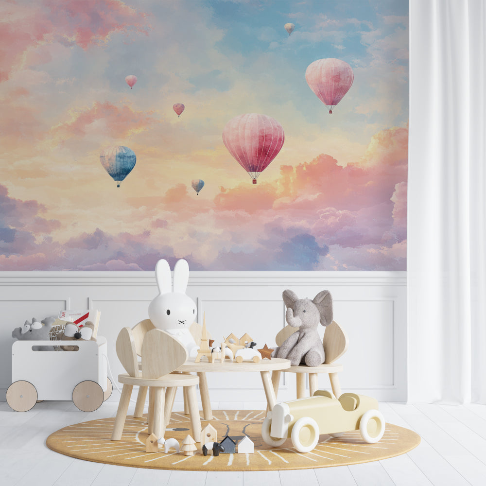 Playroom wall with pastel hot air balloon wallpaper creating a dreamy atmosphere