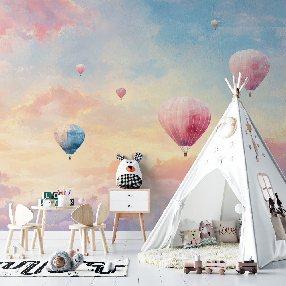 Baby room with hot air balloon wall mural showing peaceful sky scene