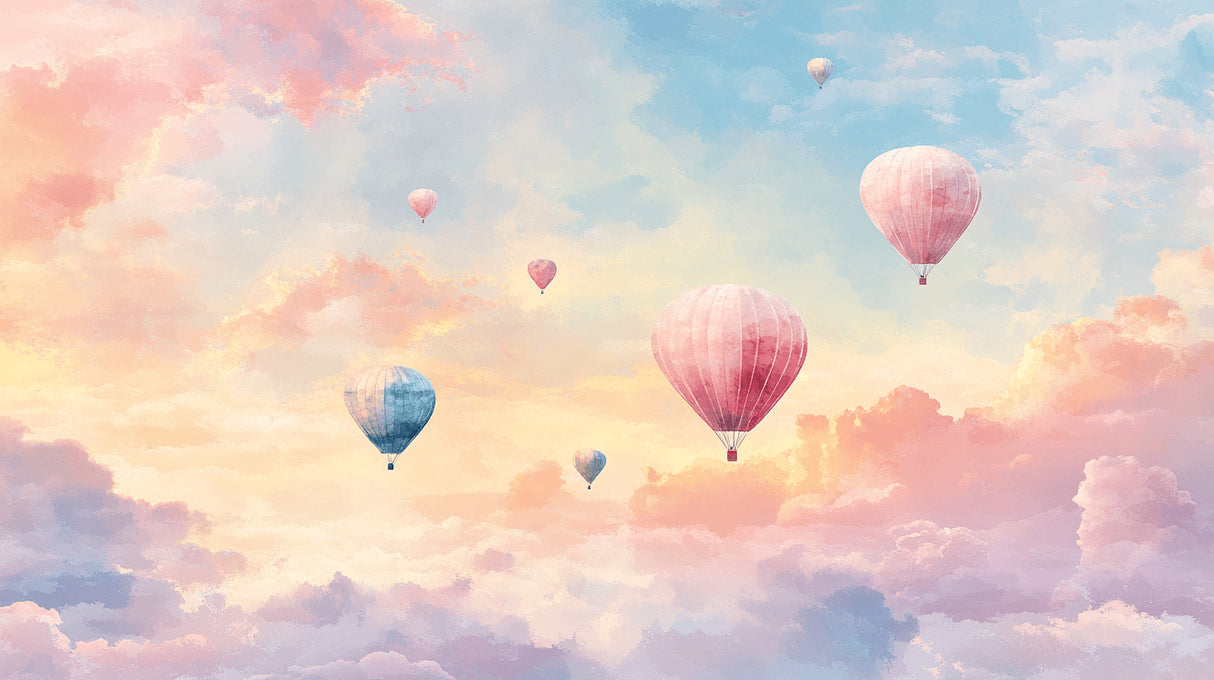 Hot air balloon wallpaper design file showing full pattern with pastel sky and floating balloons