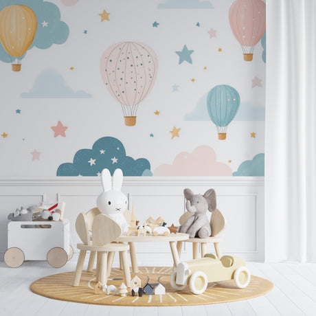 Hot air balloon wallpaper in a cozy nursery with rocking chair and white crib, soft pastel colors create a dreamy atmosphere