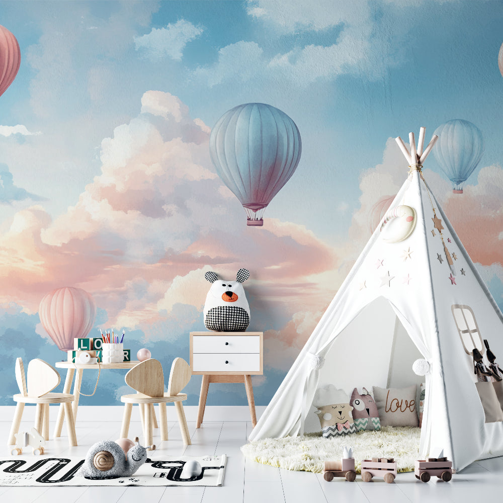 Pastel balloon wall mural creating depth in a cozy reading nook