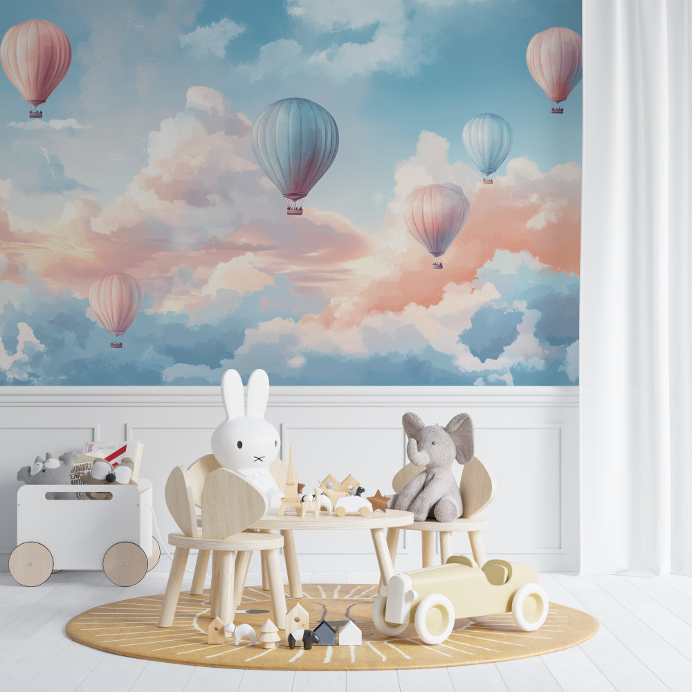 Sky theme wallpaper brightening a child's playroom with natural light