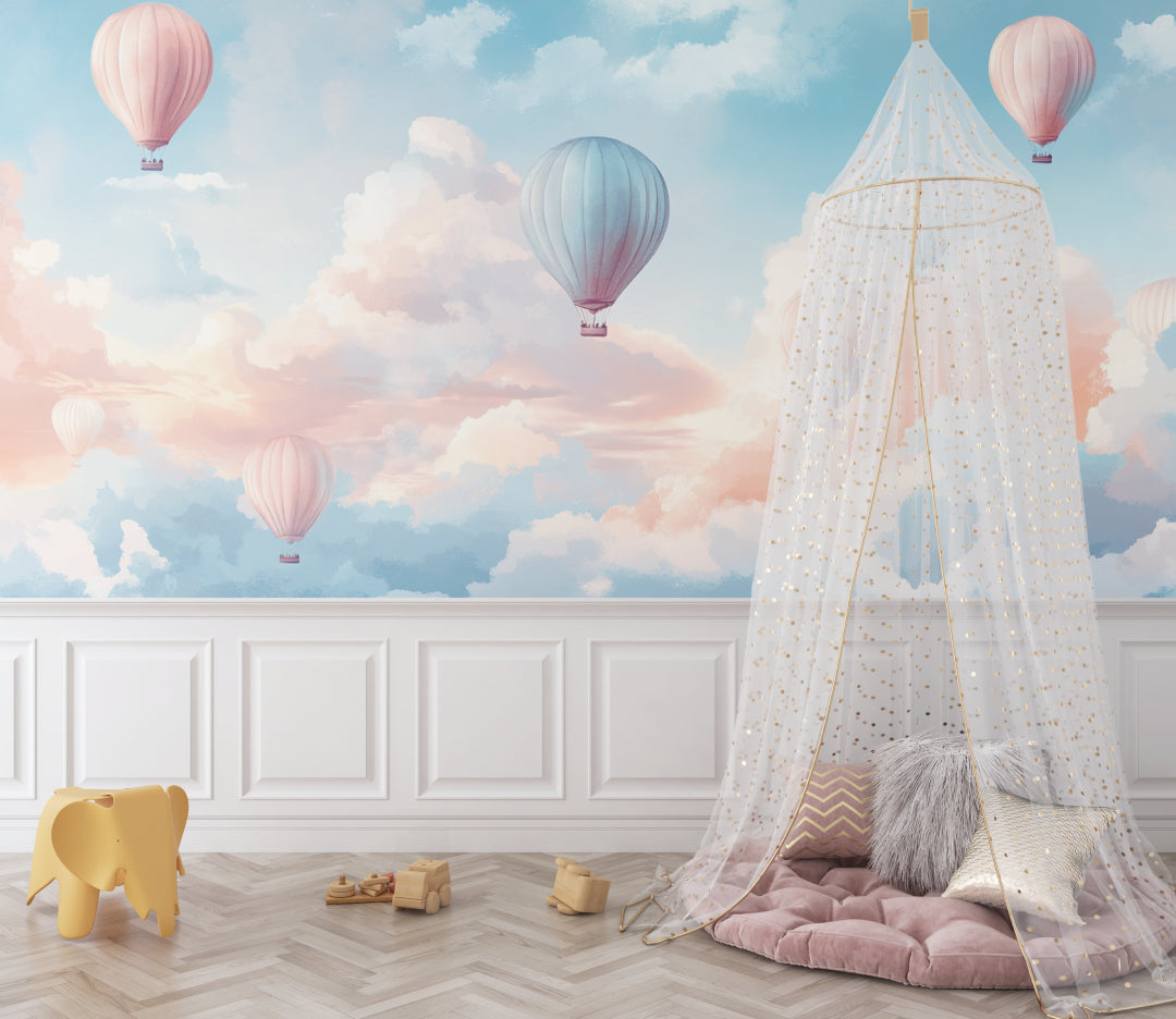 Hot air balloon mural in a peaceful bedroom setting with minimal decor