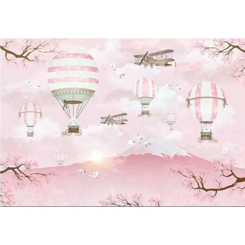 Design file of hot air balloons floating among cherry blossoms in a dreamy pink sky