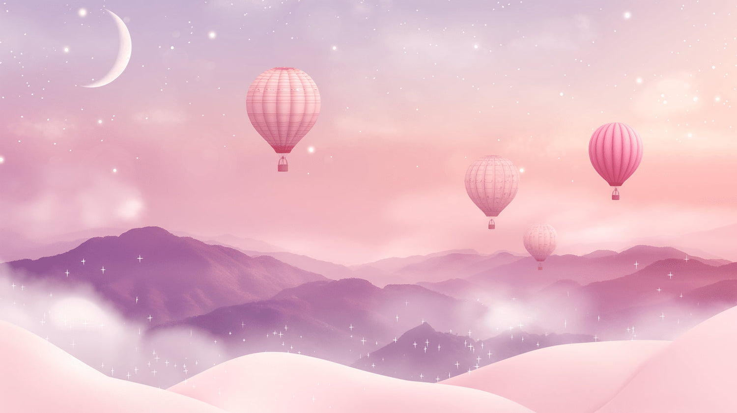 Dreamy mountain landscape mural with hot air balloons adorning a child's reading nook
