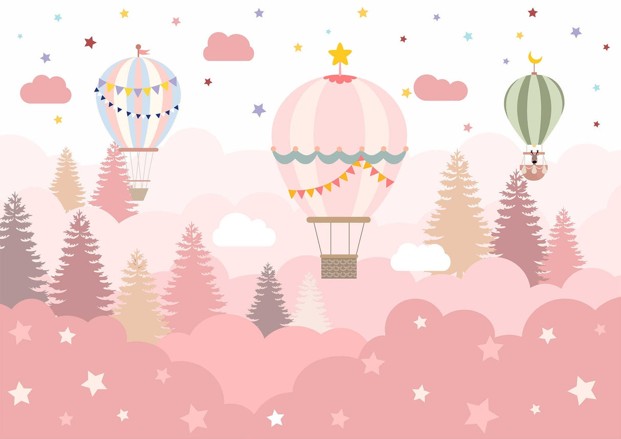 Hot air balloon wallpaper design file showing detailed pink forest and floating balloons pattern