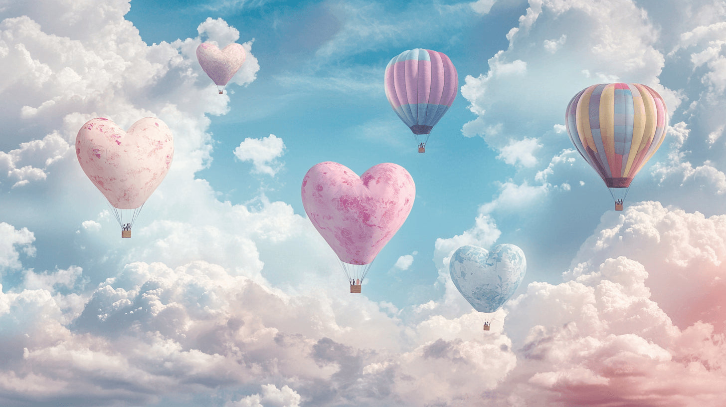 Design file showing detailed heart shaped balloons floating in dreamy blue sky pattern