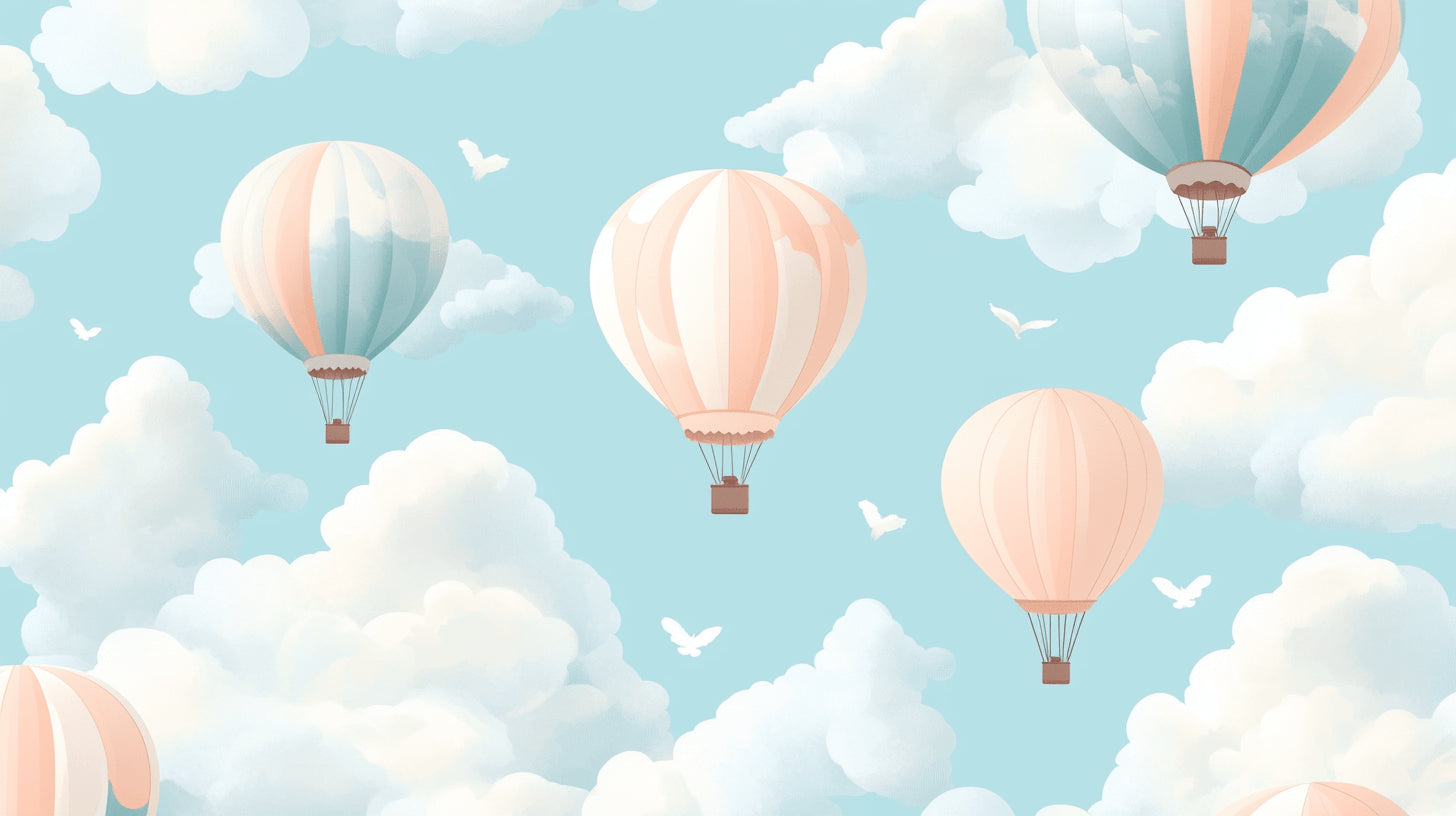 Hot air balloon design file showing detailed pink balloons and clouds pattern on blue sky background