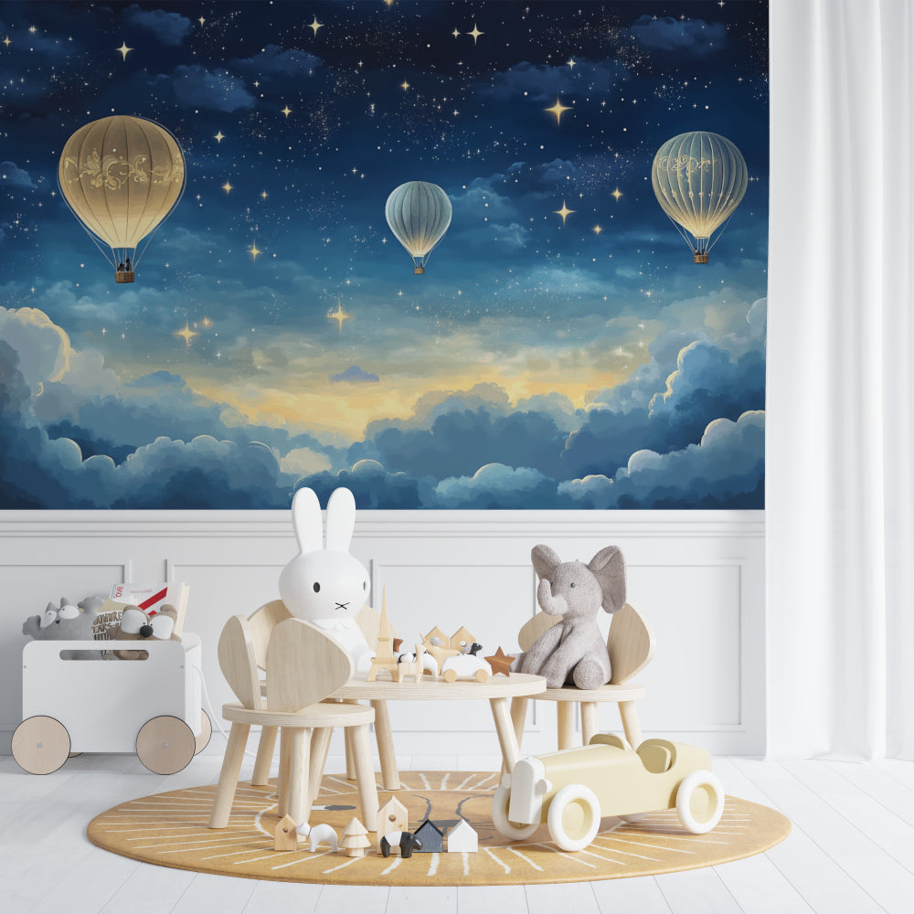 Hot air balloon wallpaper creating a magical atmosphere in a cozy nursery with soft lighting